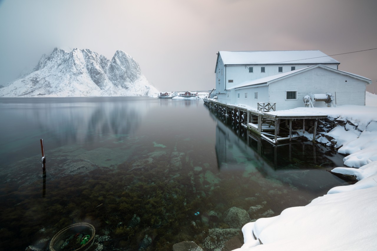 White wooden house on the shore in Lofoten, Norway
